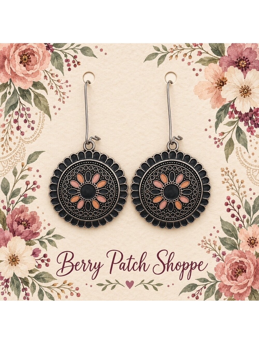 Boho Chic Mandala Silver Disc Dangle Drop Earrings